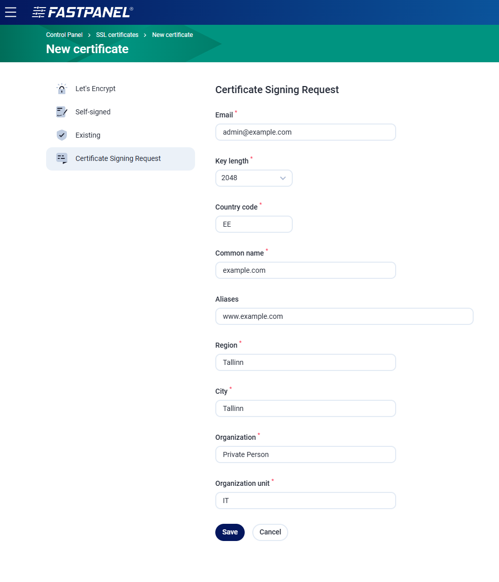 Add an self-signed certificate for a website in FASTPANEL