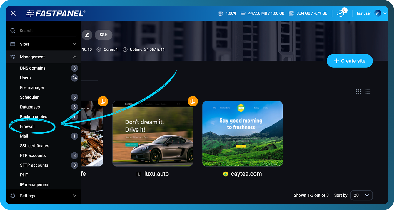 Firewall management menu in FASTPANEL