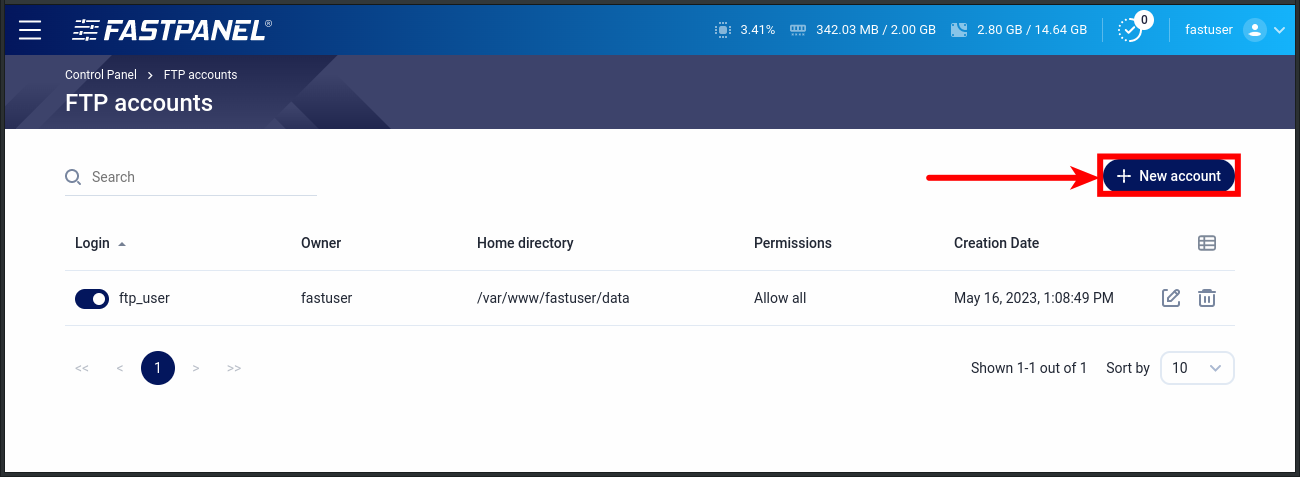 Add a new FTP account in FASTPANEL