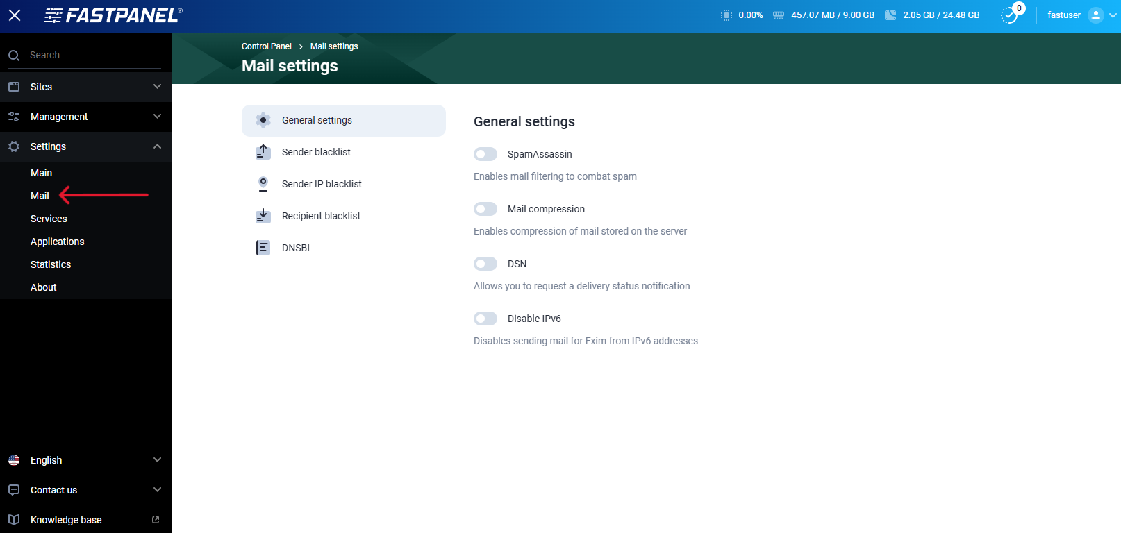 FASTPANEL main settings