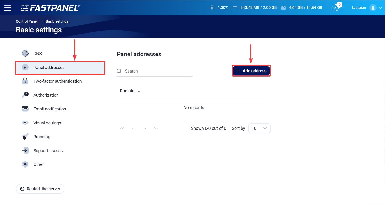 Add panel address in FASTPANEL