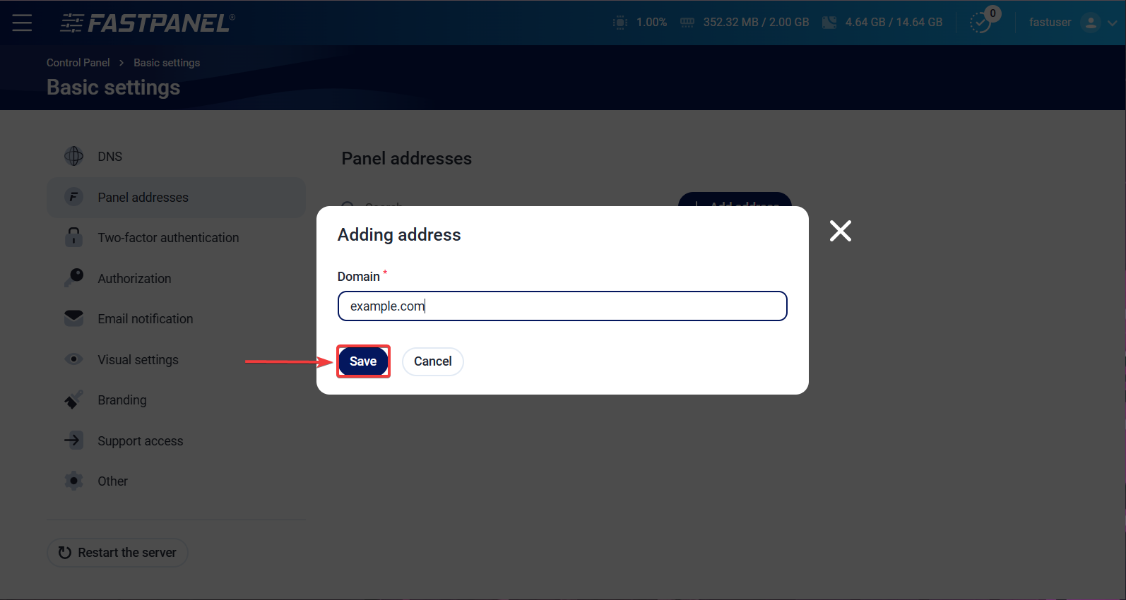 Specify panel address in FASTPANEL