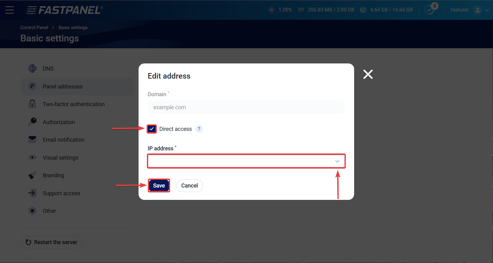 Select IP addresses in FASTPANEL