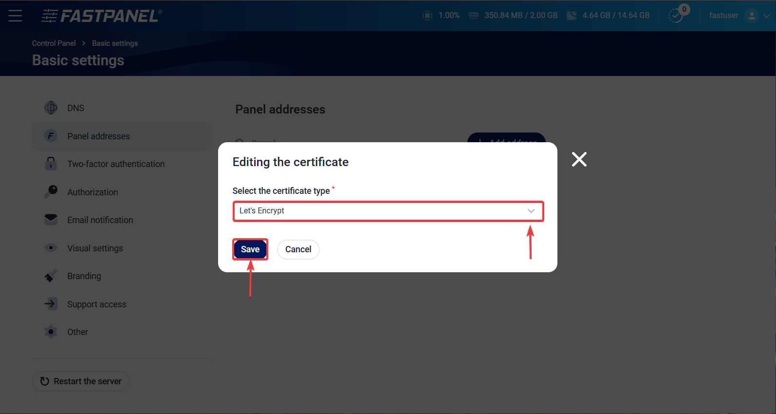 Certificate type in FASTPANEL