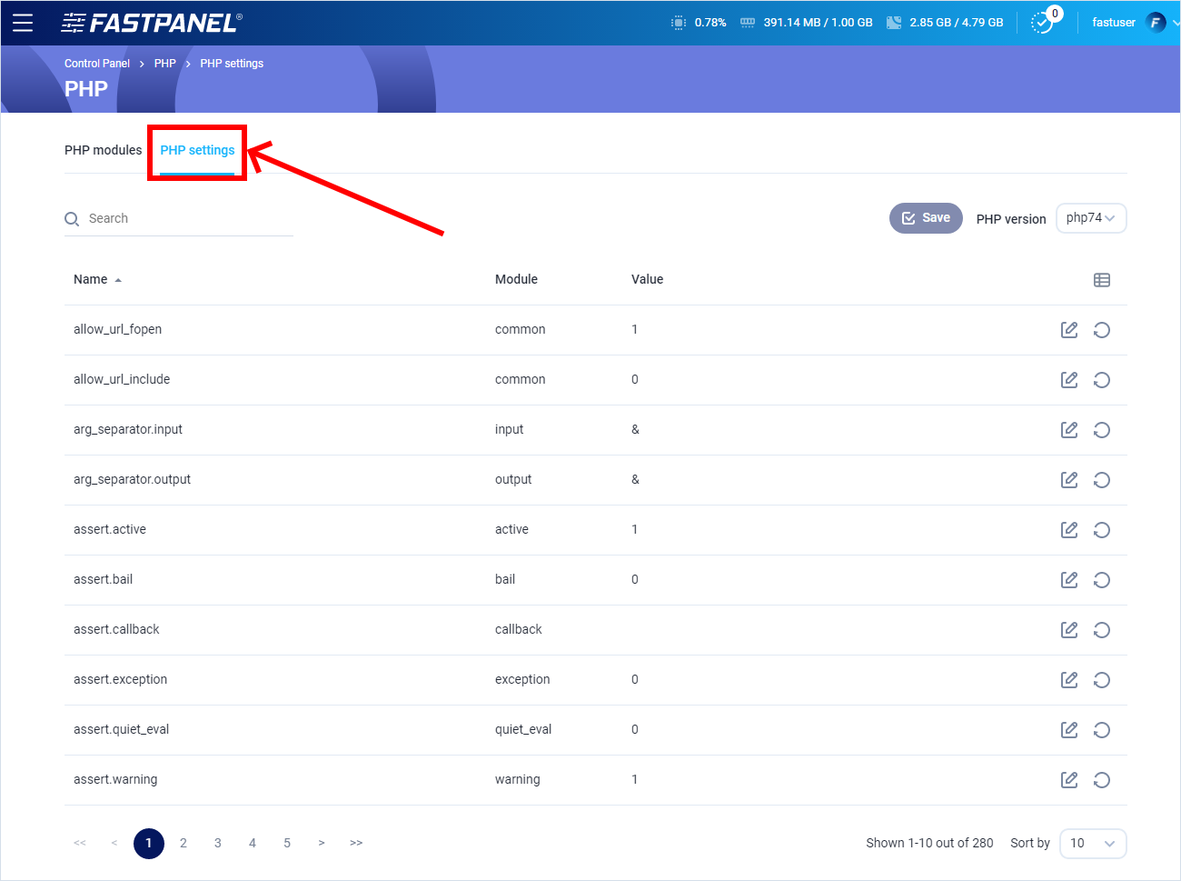 Global PHP settings in FASTPANEL