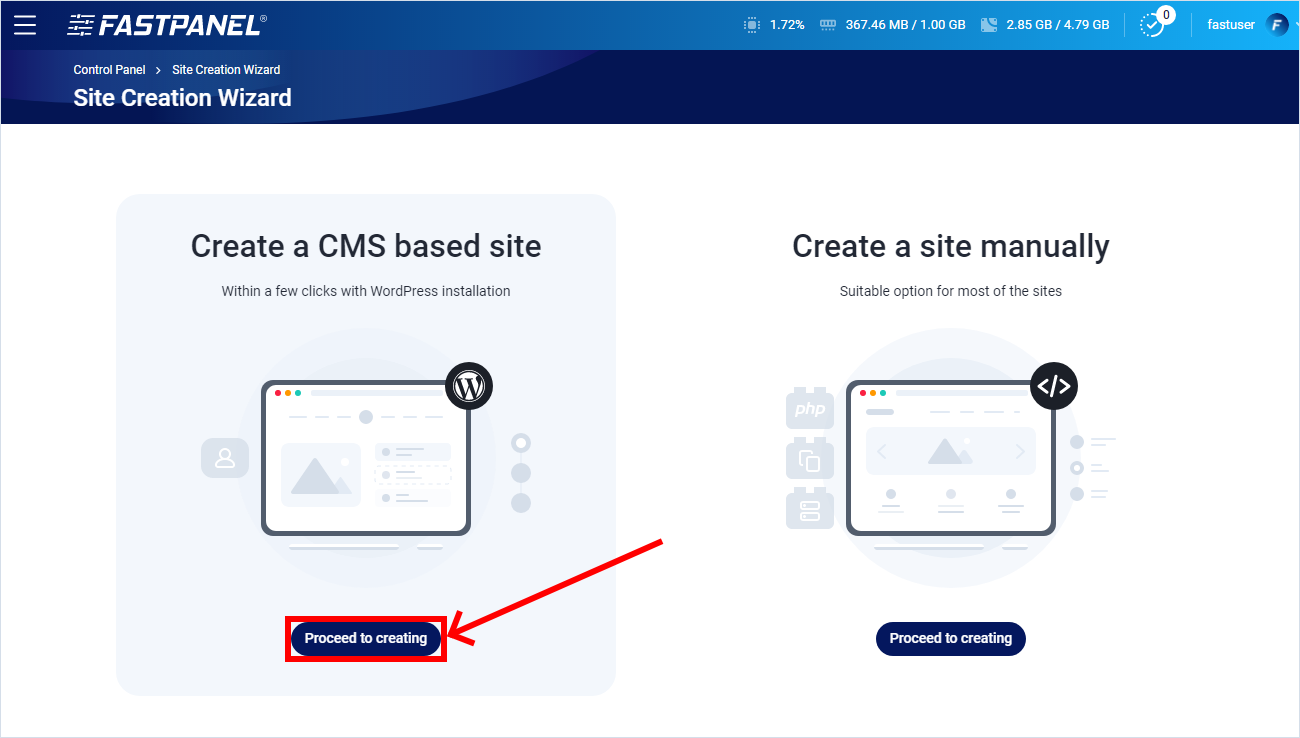 Create a CMS based site in FASTPANEL