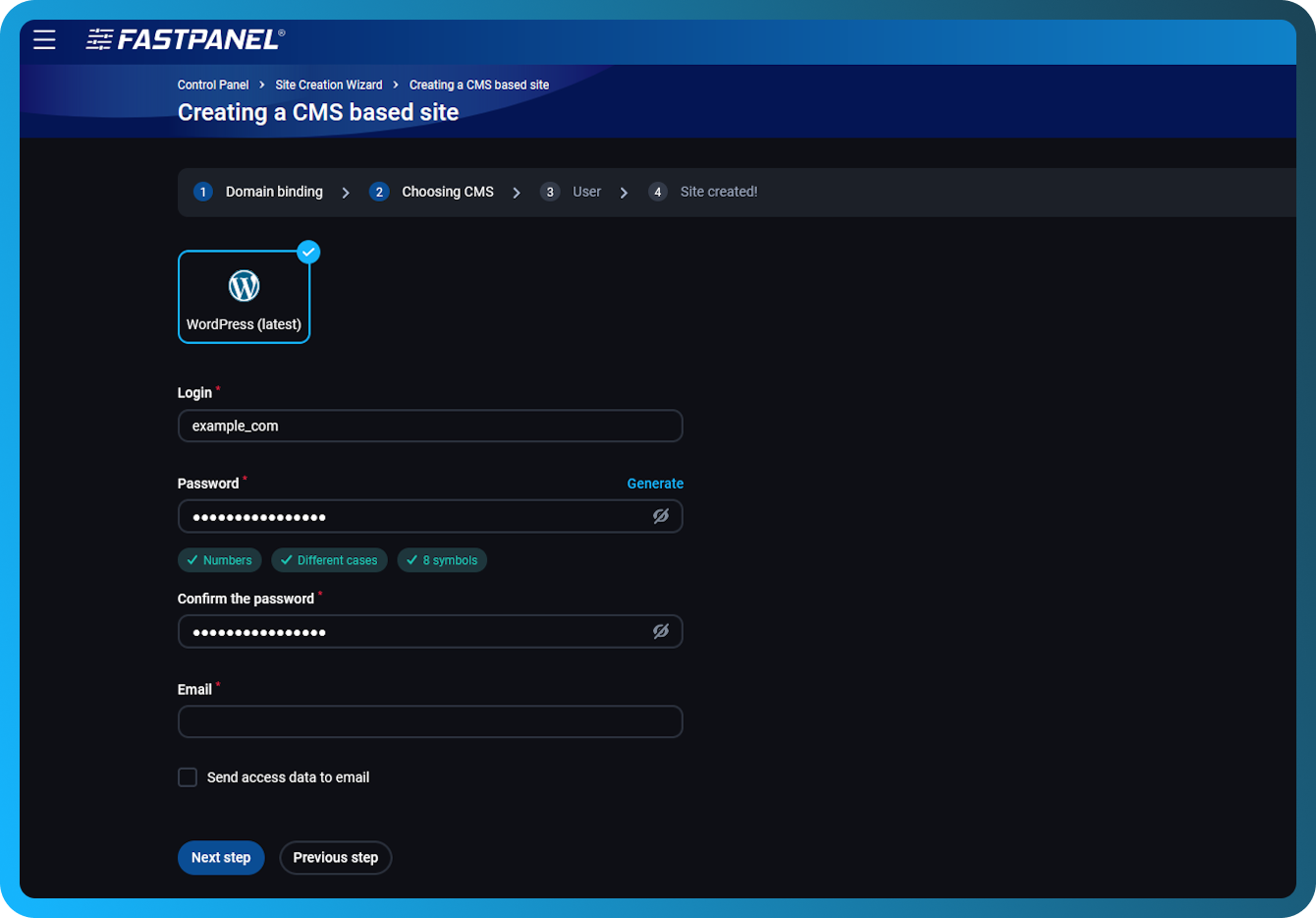 Choosing a CMS in site creation wizard in FASTPANEL