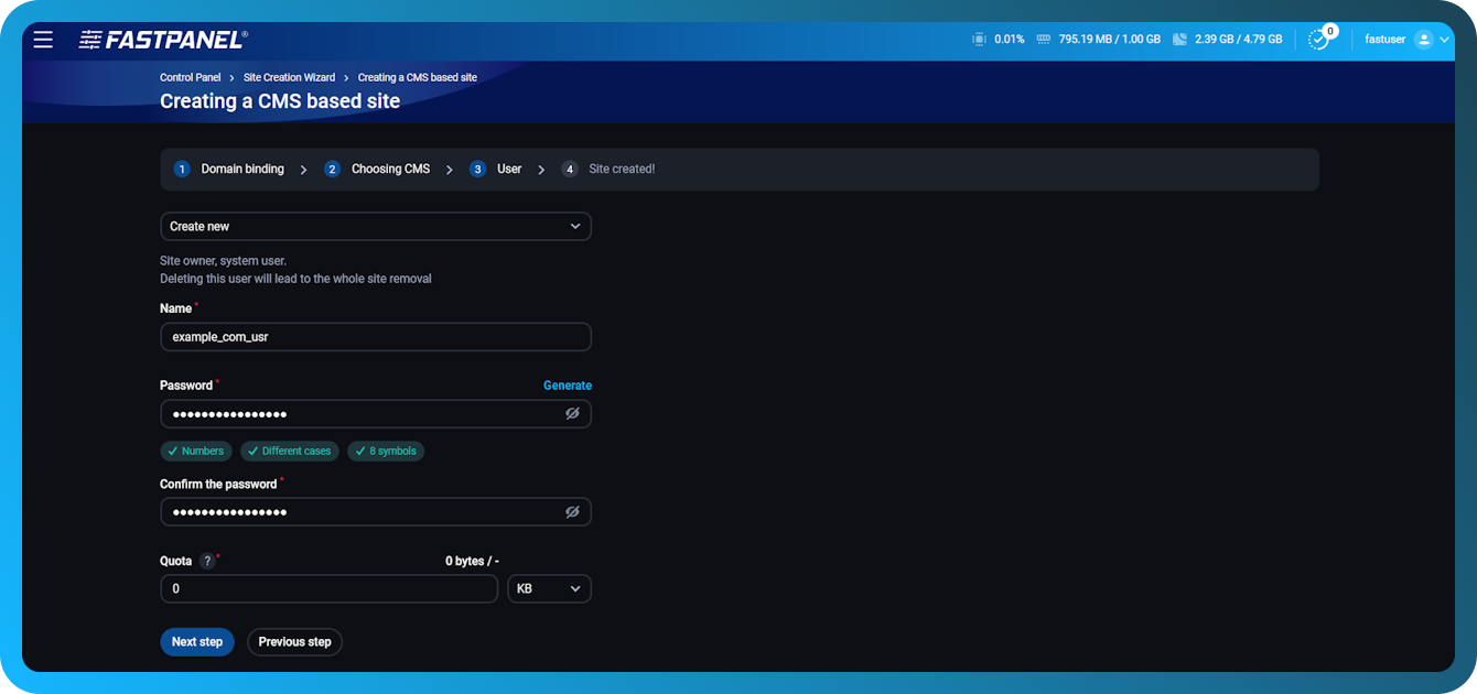 User setup in site creation wizard in FASTPANEL