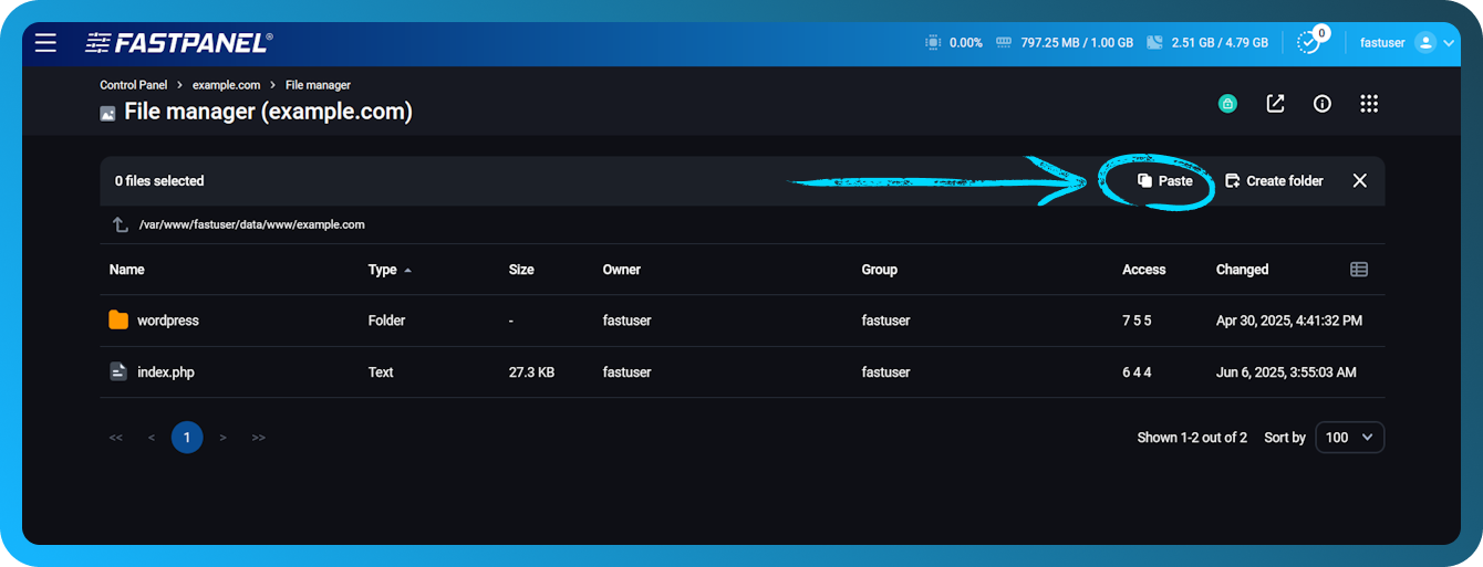How to install wordpress in FASTPANEL step 5