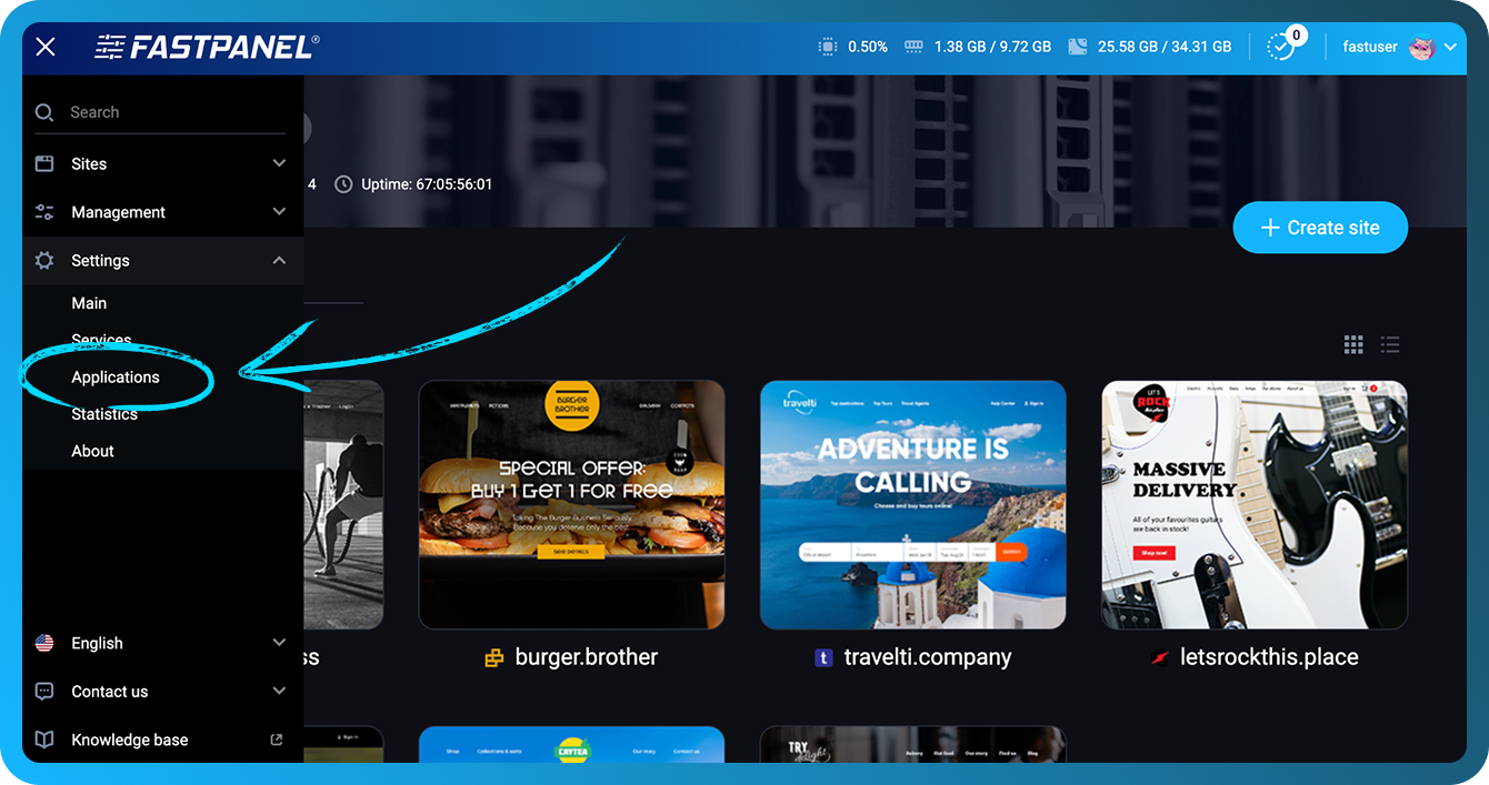 Applications menu in FASTPANEL