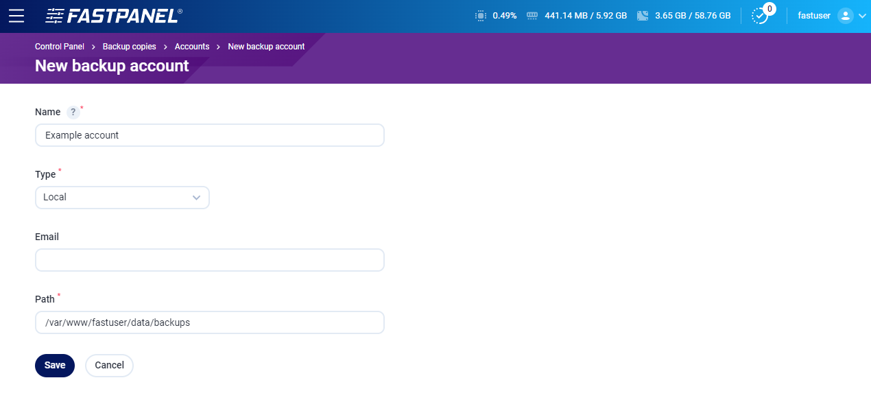 Setup a new backup account in FASTPANEL