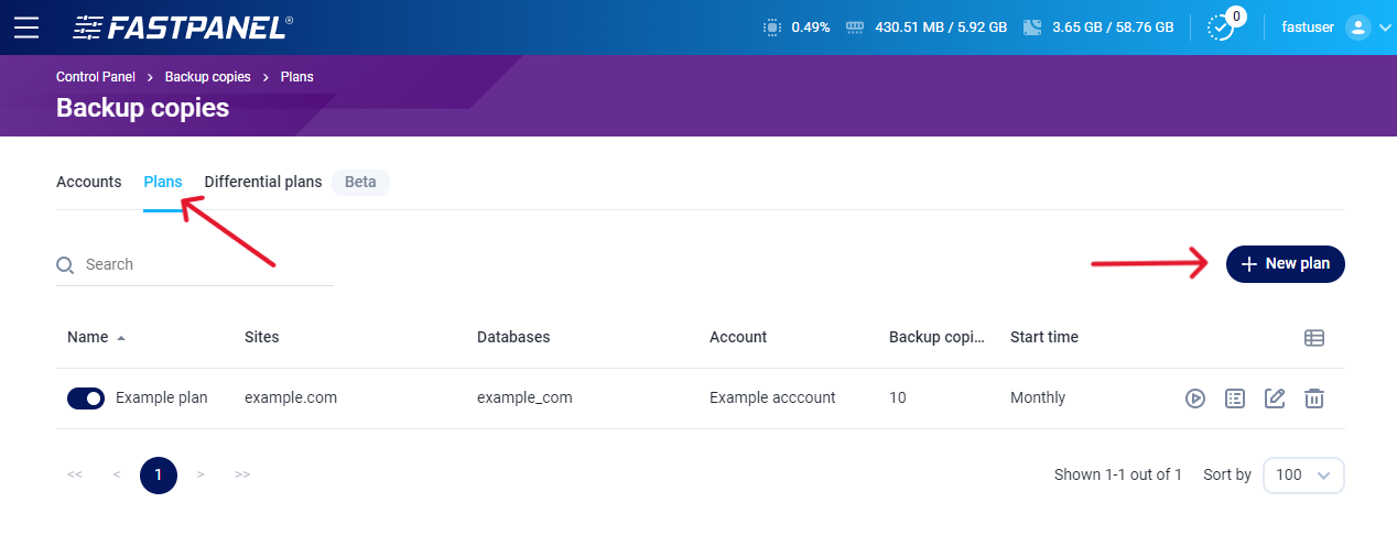 Add a new backup plan in FASTPANEL