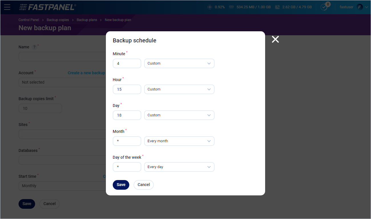 Backup schedule in FASTPANEL