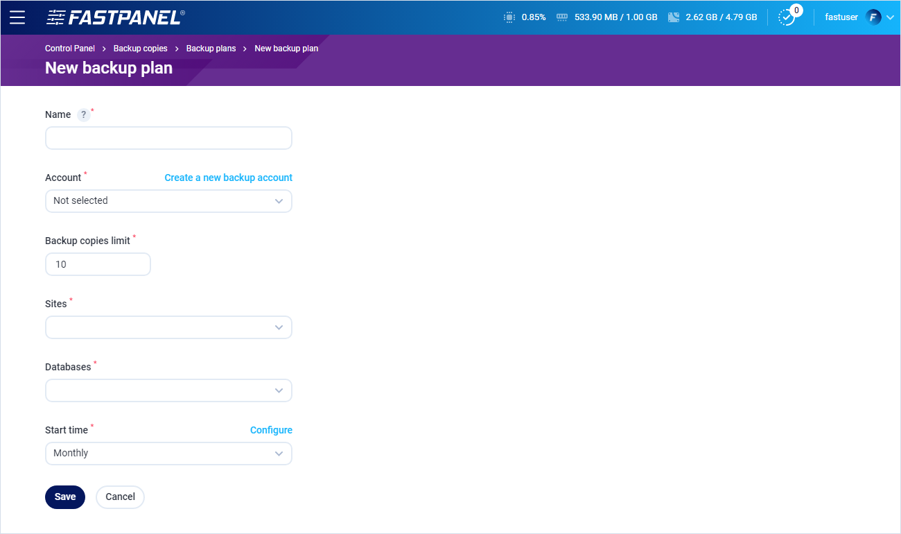Setup a new backup plan in FASTPANEL