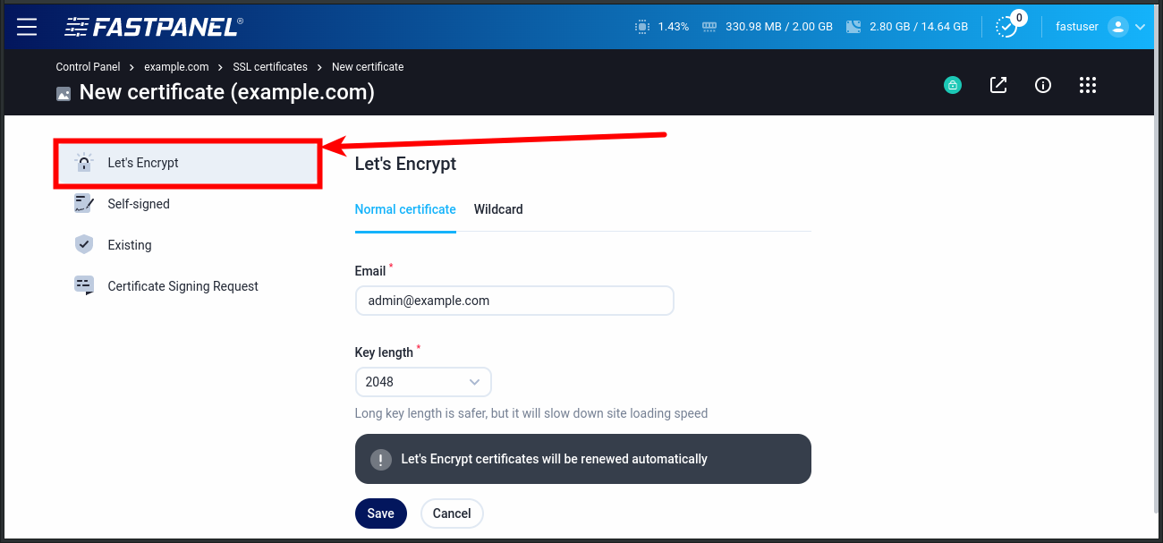 How to add a Let&#39;s Encrypt certificate in FASTPANEL