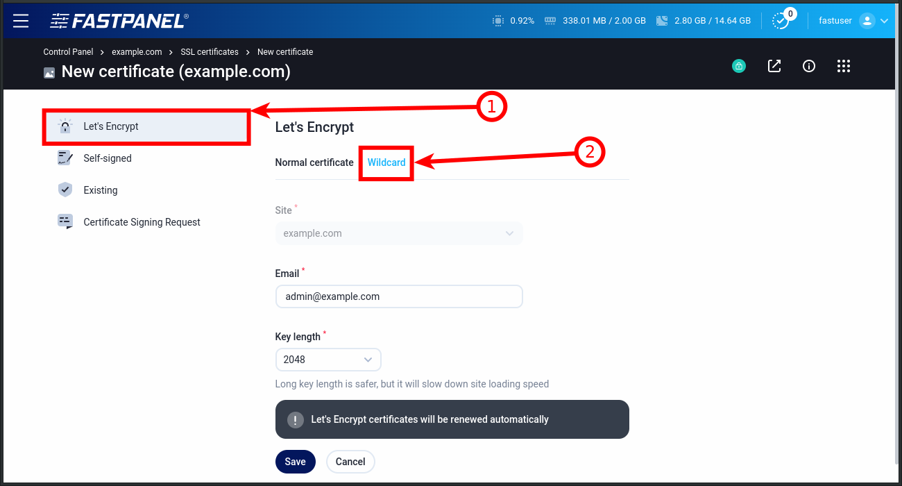 How to add a wildcard Let&#39;s Encrypt certificate in FASTPANEL