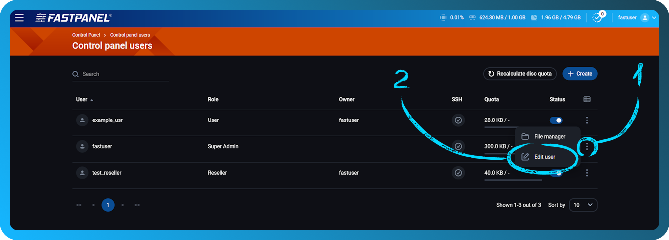 Edit user settings in FASTPANEL