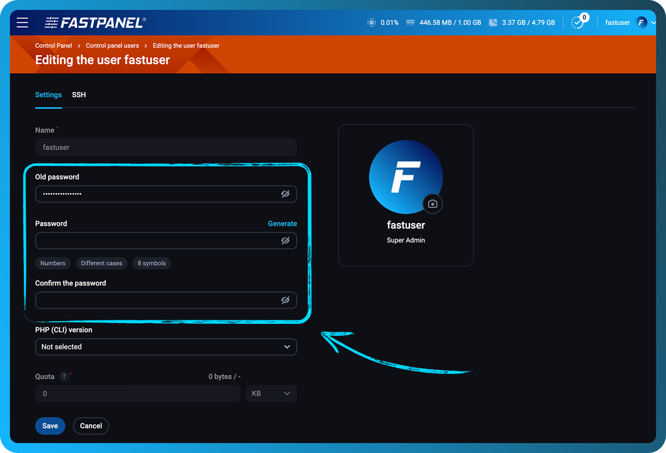 Change user password in FASTPANEL