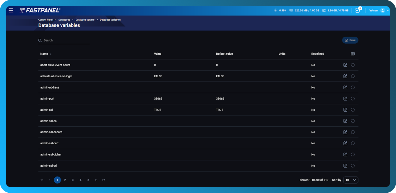 Edit MySQL settings in FASTPANEL