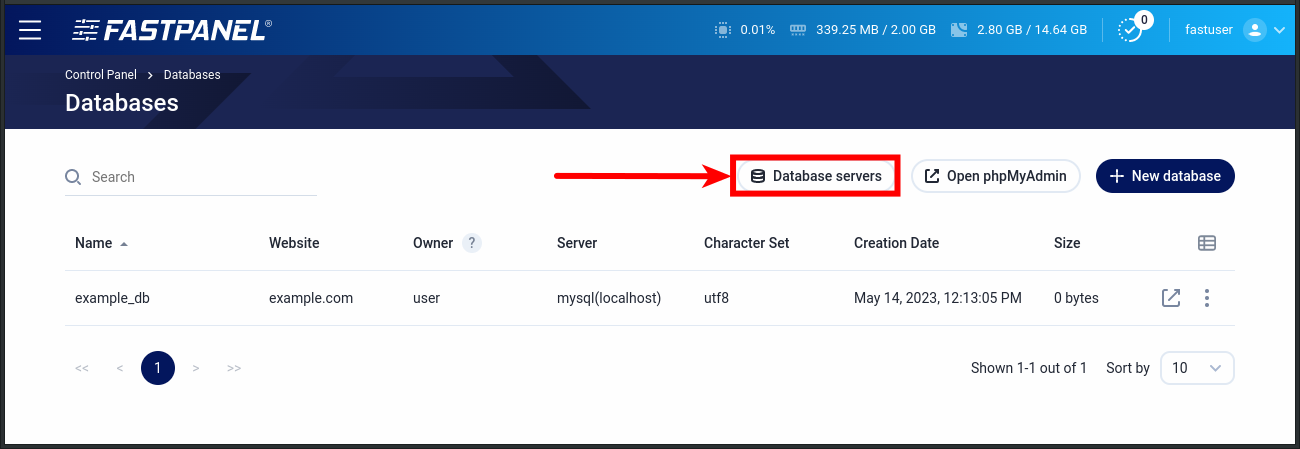 Database servers menu in FASTPANEL