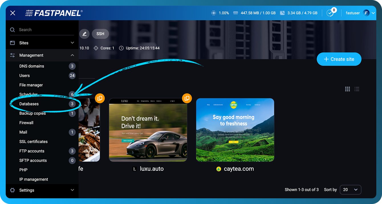 Database management menu in FASTPANEL