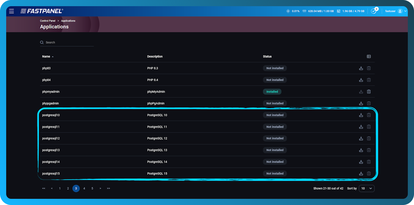 Install PostgreSQL in FASTPANEL