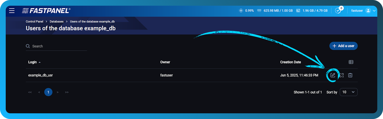 Edit database user in FASTPANEL