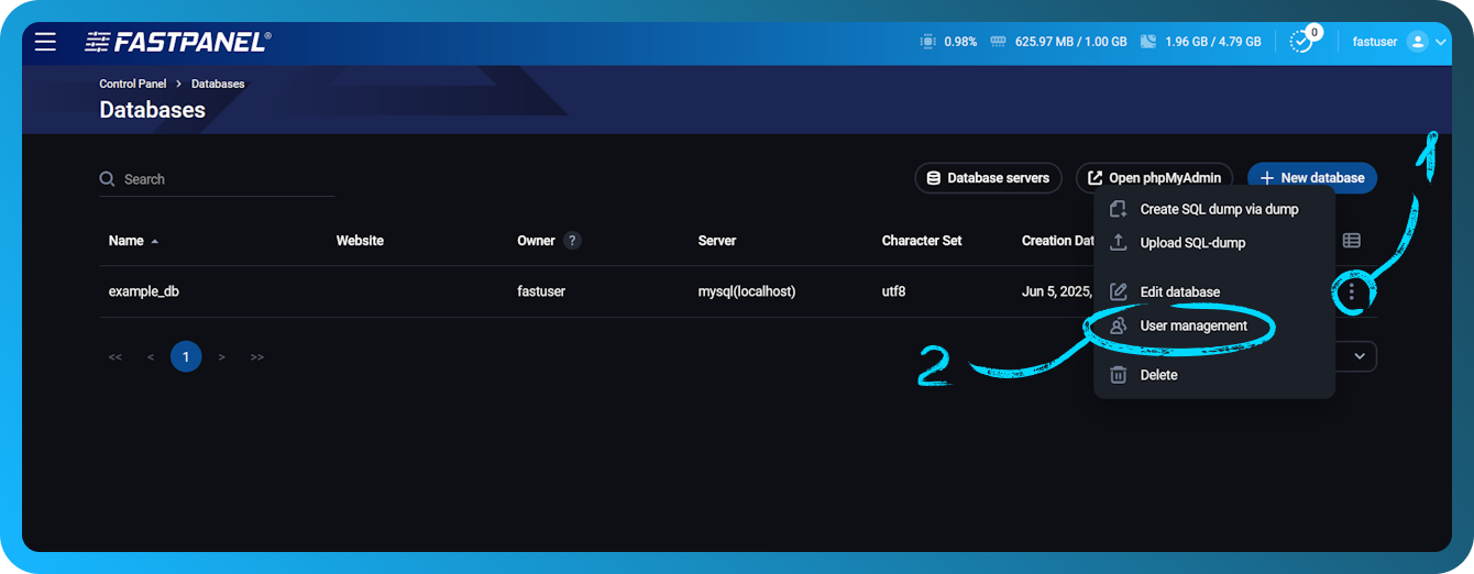 Database user management in FASTPANEL