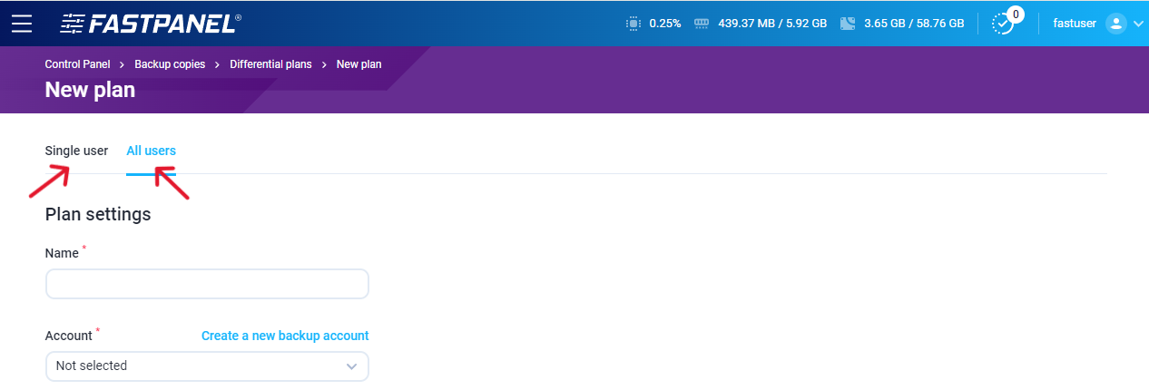 Setup a new backup plan in FASTPANEL