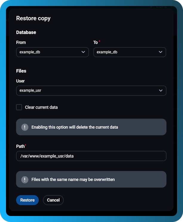 Restore a backup copy