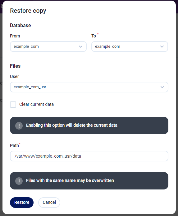 Restore a backup copy