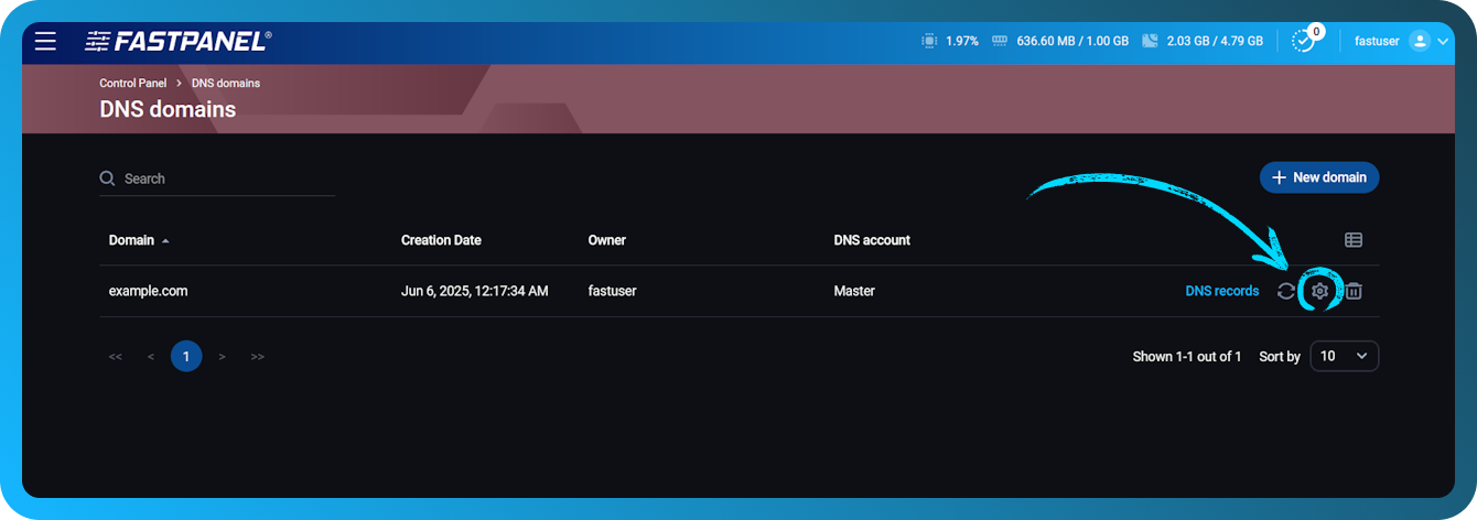 DNS domain settings in FASTPANEL