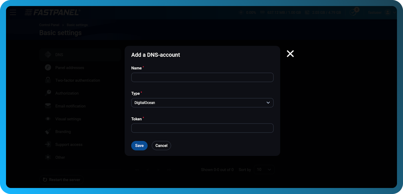 External DNS account settings in FASTPANEL