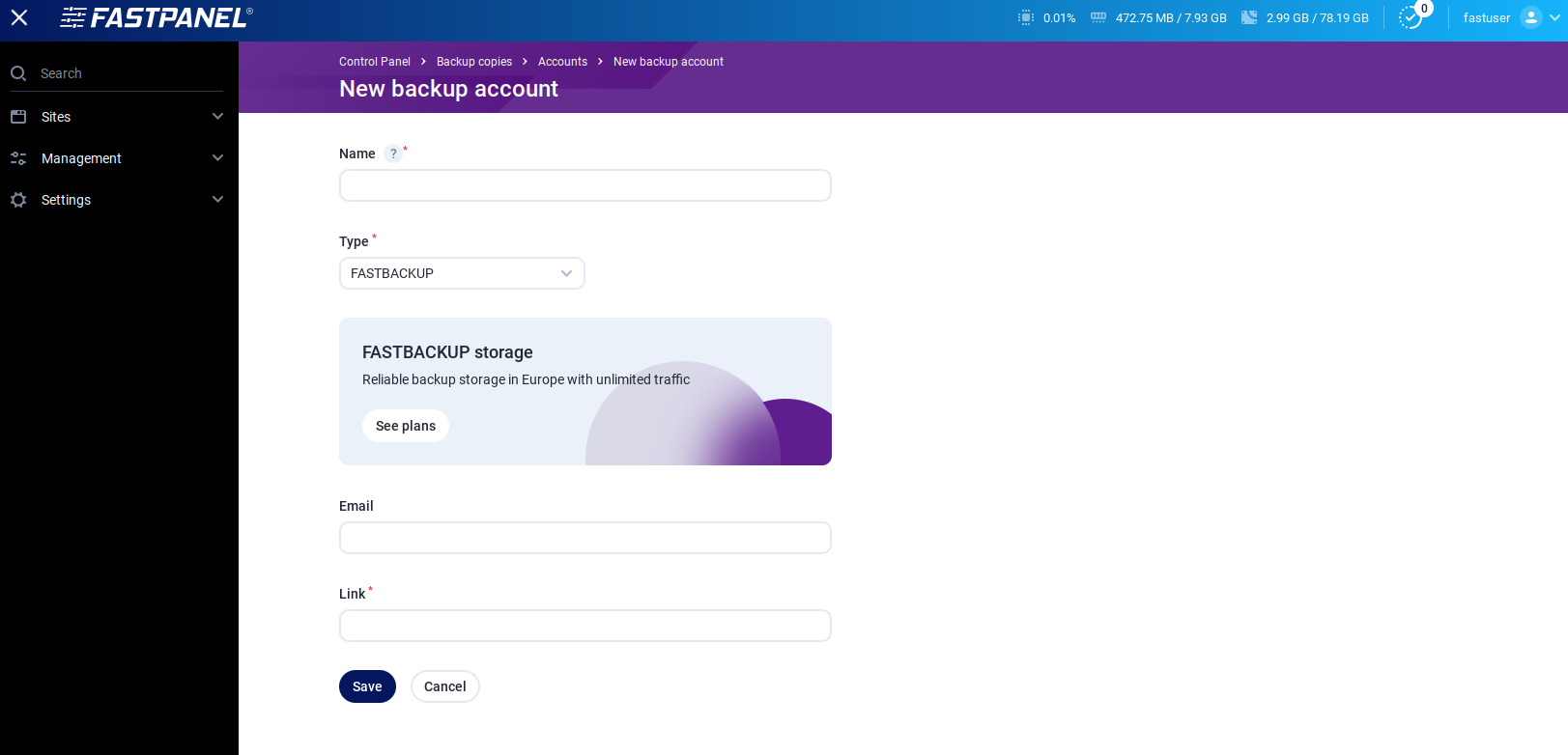 Setup a new backup account in FASTPANEL