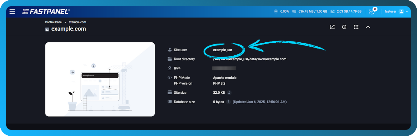 Checking the site owner in FASTPANEL