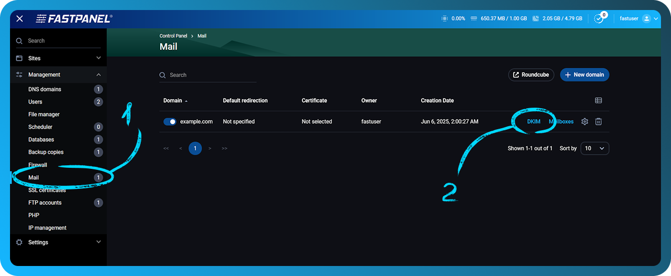 Enable DKIM in FASTPANEL