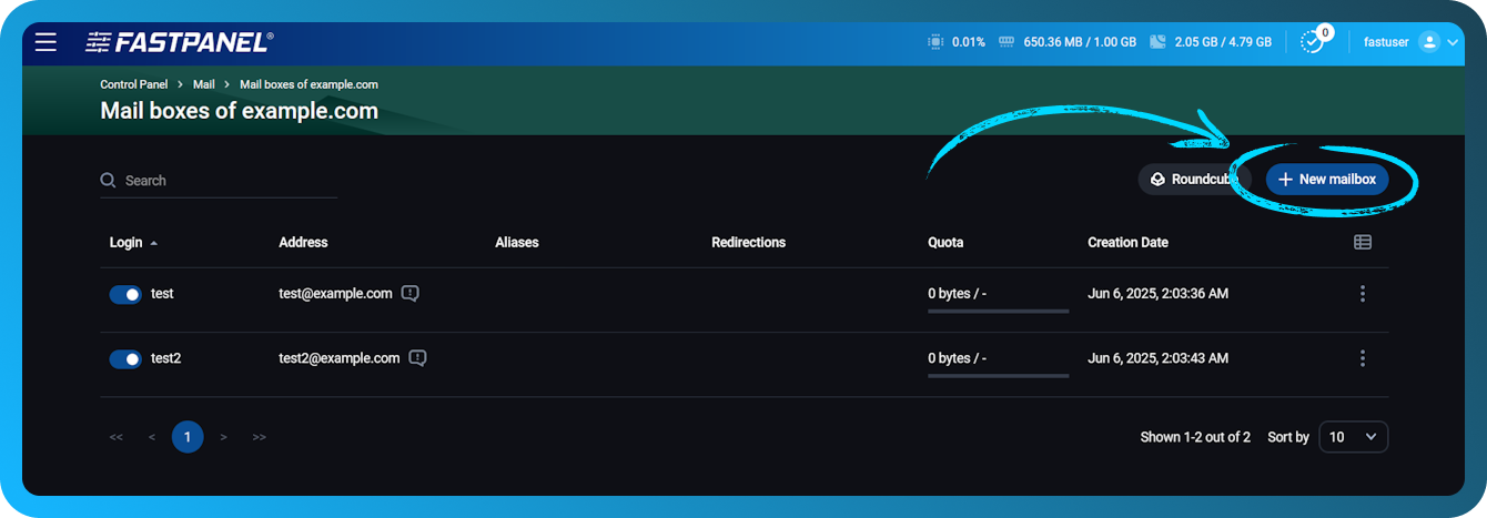 Add a new mailbox in FASTPANEL