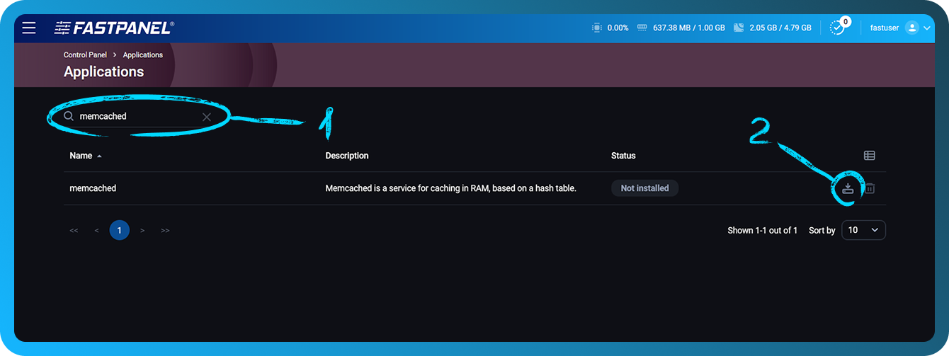 Install memcached application in FASTPANEL