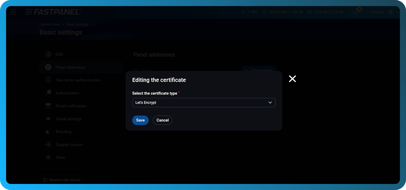 Certificate type in FASTPANEL