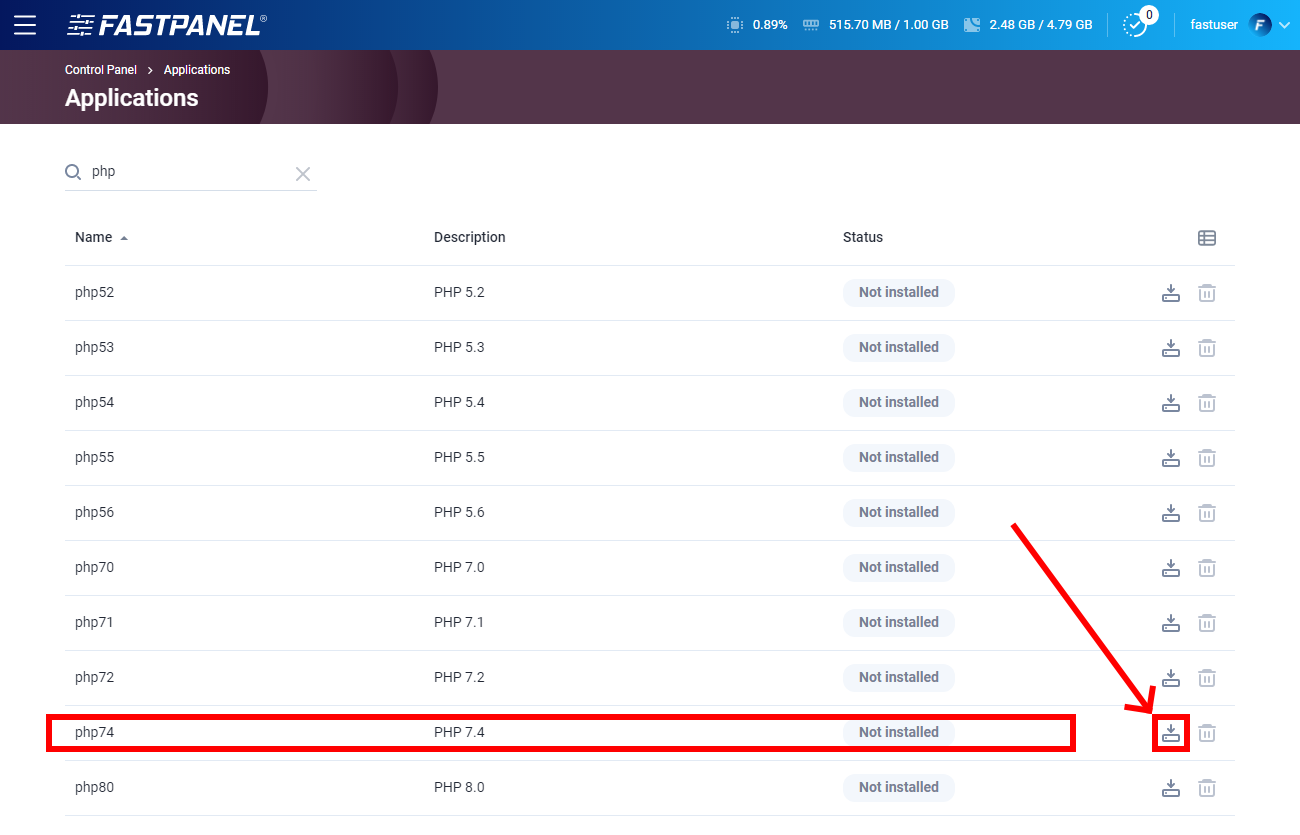 Install additional PHP version in FASTPANEL