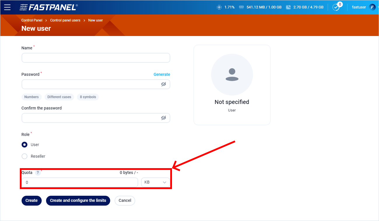 Set quota for a new user account in FASTPANEL