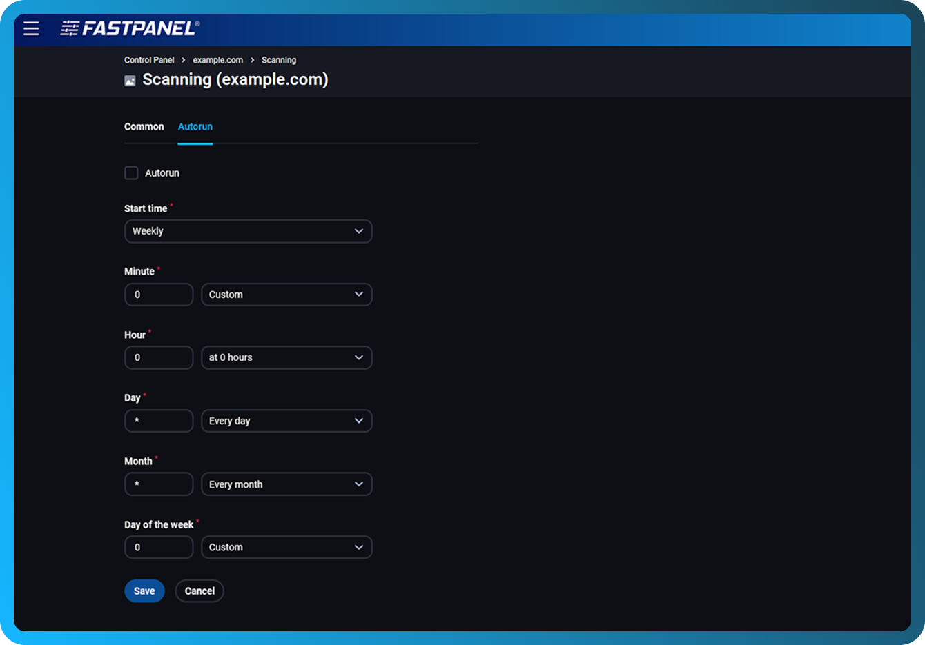 Schedule antivirus scanning in FASTPANEL