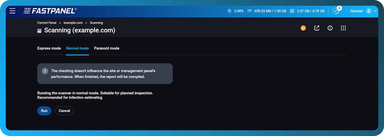 Antivirus scanning settings in FASTPANEL
