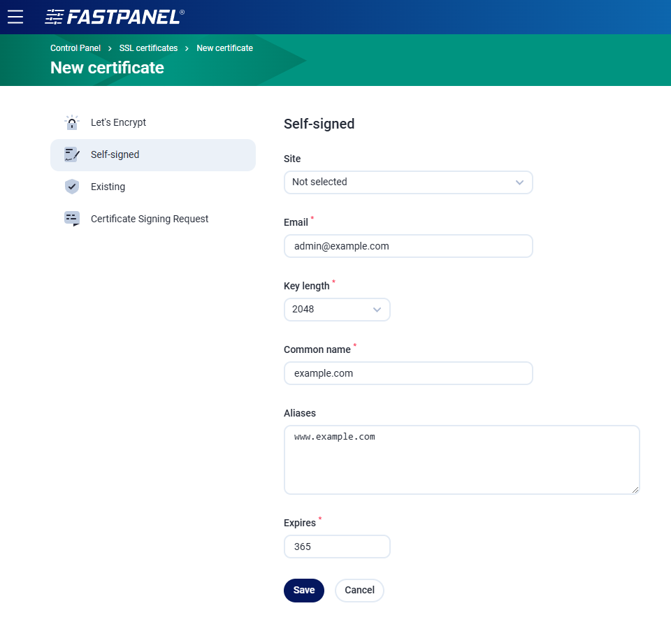 Add an self-signed certificate for a website in FASTPANEL