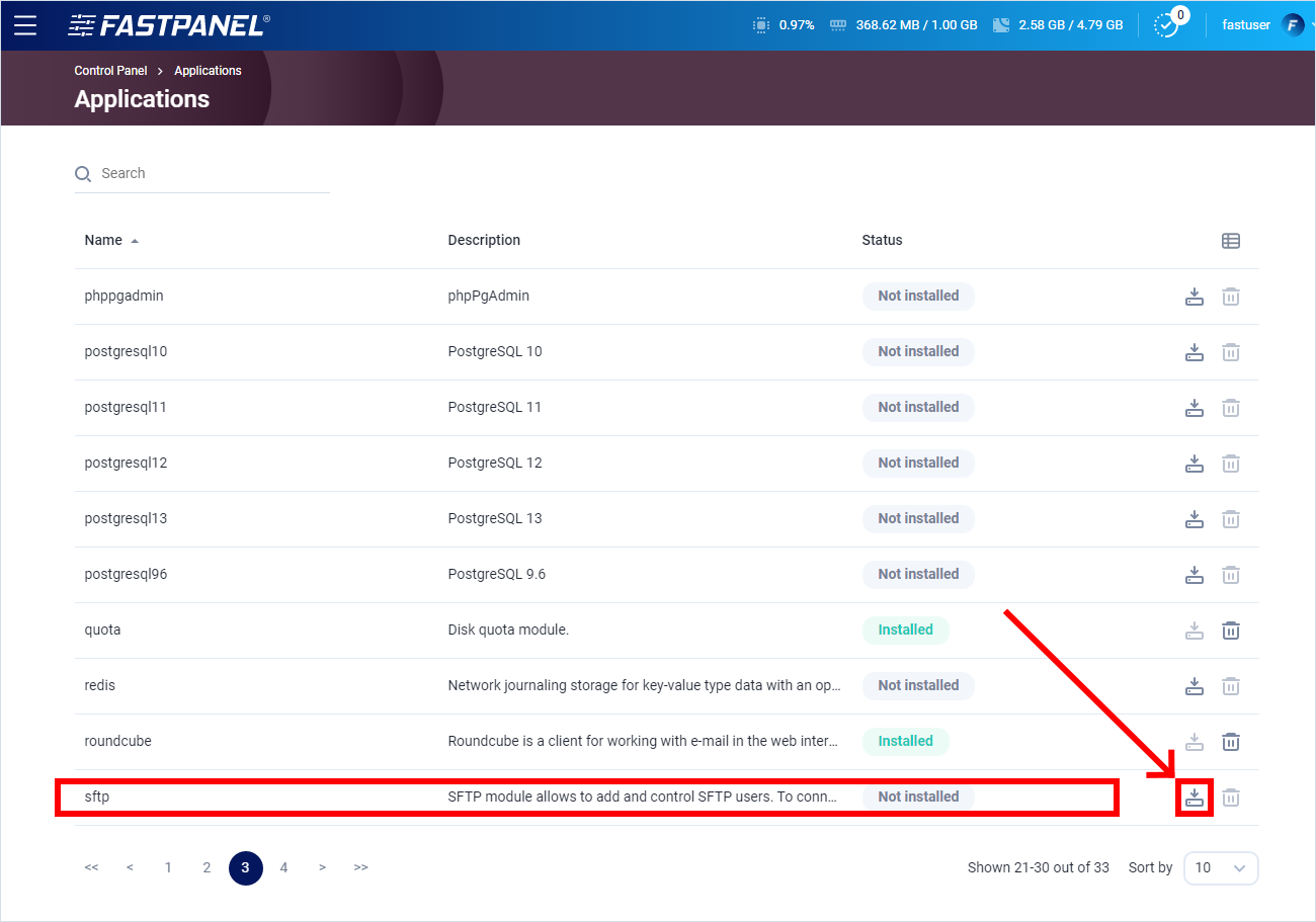 Install SFTP in FASTPANEL