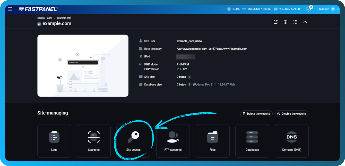 Site access settings in FASTPANEL