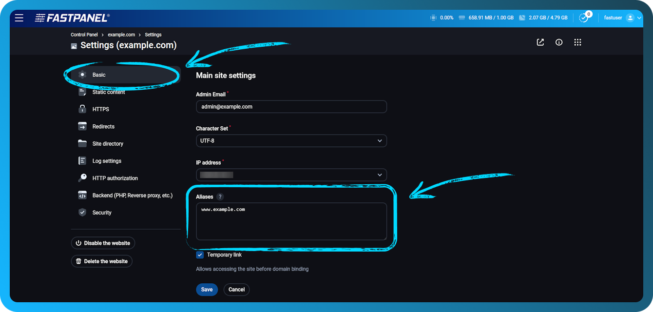 Website aliases in FASTPANEL