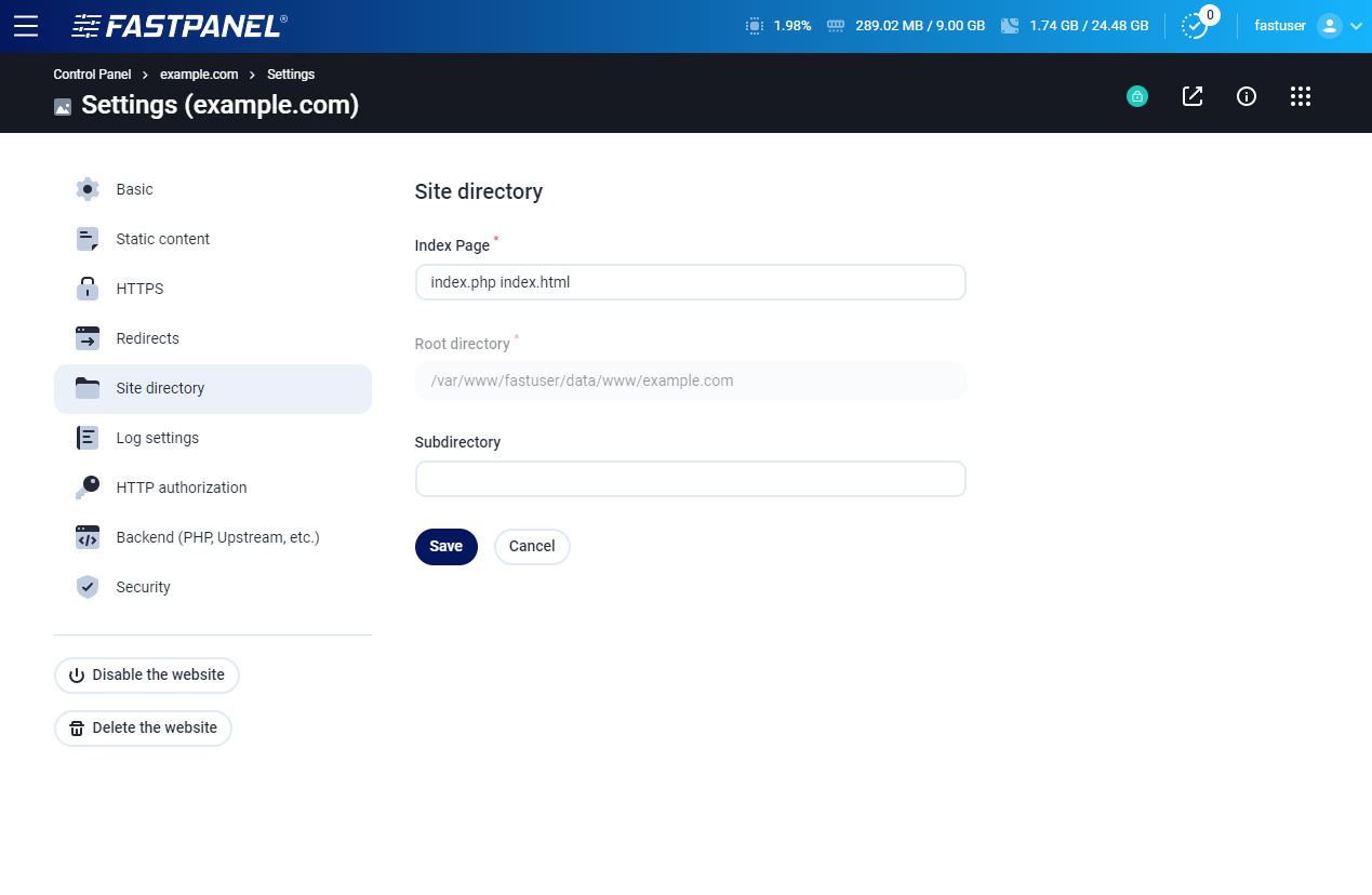 Website root directory settings in FASTPANEL