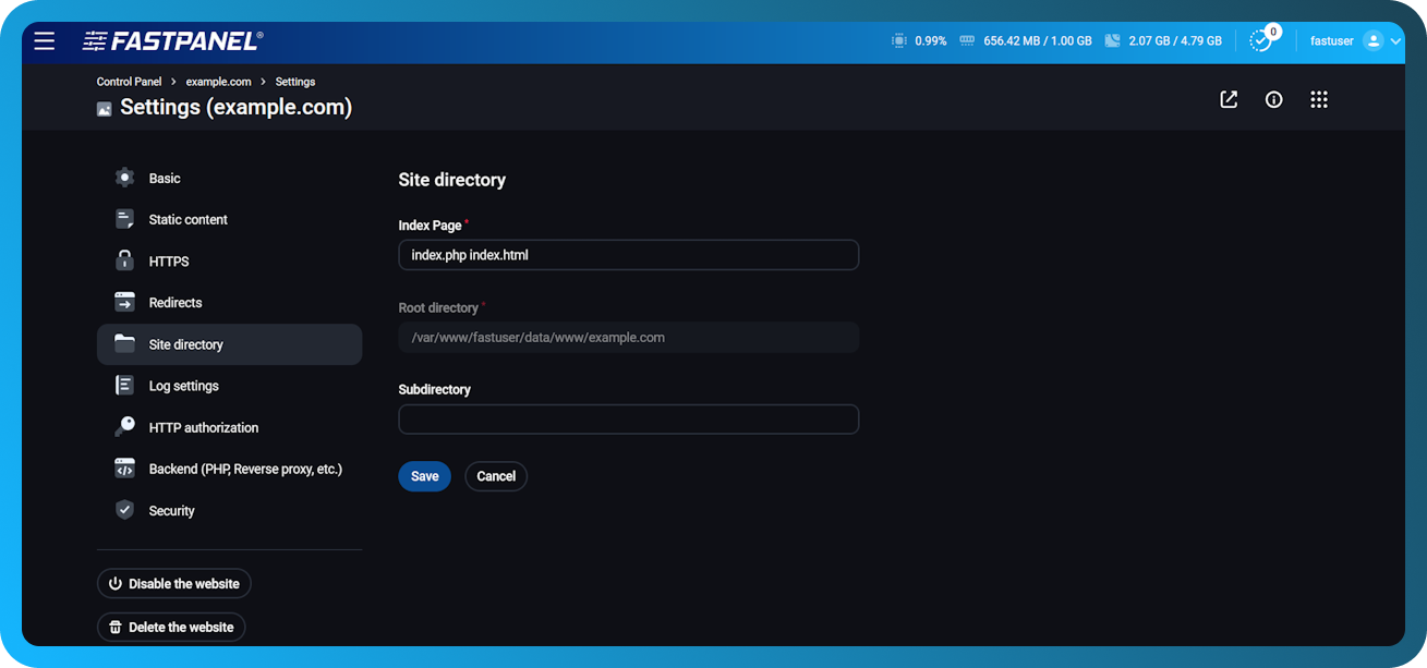 Website root directory settings in FASTPANEL