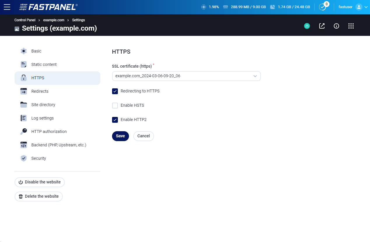 HTTPS settings in FASTPANEL